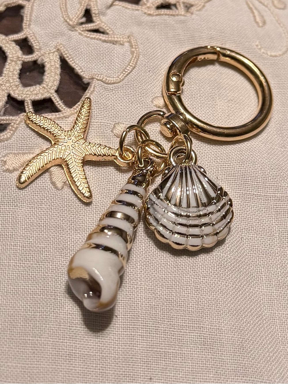 New Gold and White Shell Charm Keyring - Women Accessories